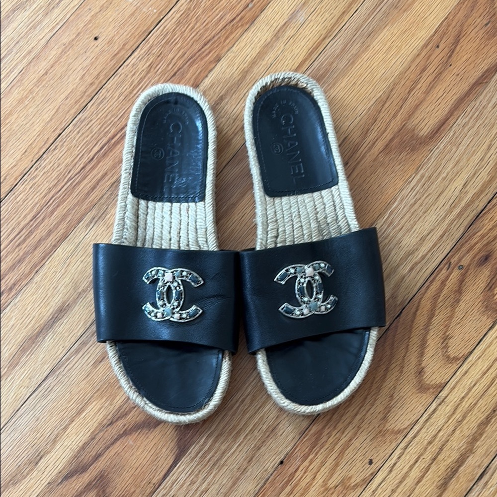 CHANEL Black and Tan Sandals 37